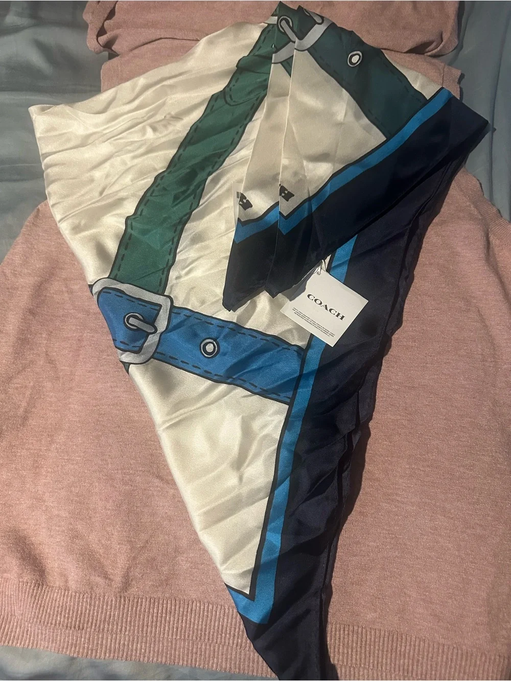 Coach Women’s Navy, Cream & Teal Logo Silk Scarf